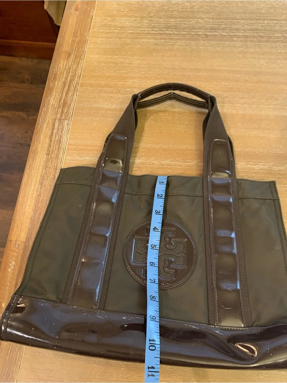 Tory Burch Olive and Dark Brown Nylon Tote with Patent Trim